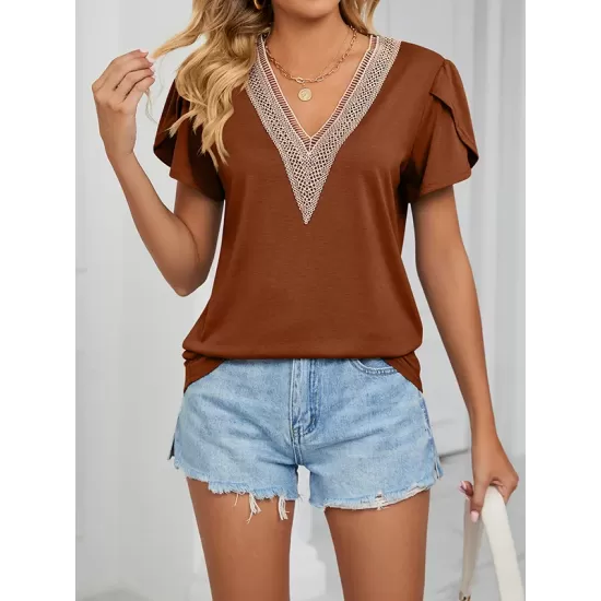 Applique Loose Short Sleeves V-Neck T-Shirts Tops