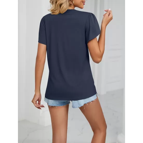 Applique Loose Short Sleeves V-Neck T-Shirts Tops