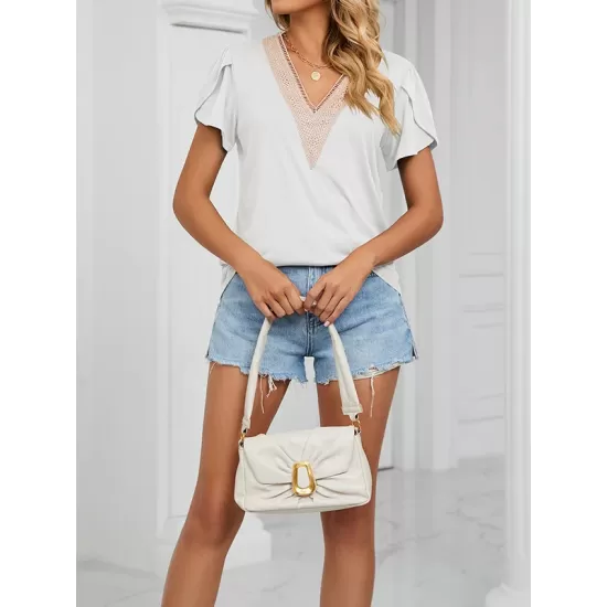 Applique Loose Short Sleeves V-Neck T-Shirts Tops