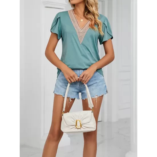 Applique Loose Short Sleeves V-Neck T-Shirts Tops