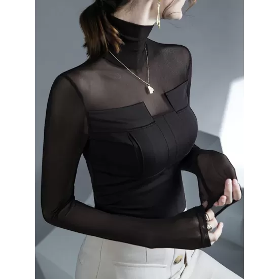 Gauze See-Through Split-Joint Long Sleeves Skinny High-Neck T-Shirts Tops