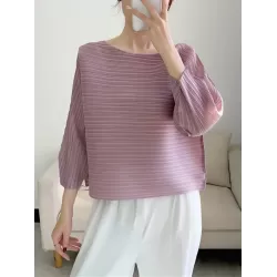 Casual Loose Three-Quarter Sleeves Pleated Solid Color Round-Neck T-Shirts Tops