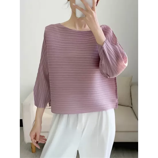 Casual Loose Three-Quarter Sleeves Pleated Solid Color Round-Neck T-Shirts Tops