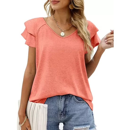 Falbala Solid Color Split-Joint Loose Short Sleeves V-Neck T-Shirts