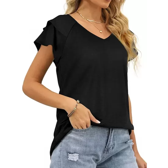 Falbala Solid Color Split-Joint Loose Short Sleeves V-Neck T-Shirts