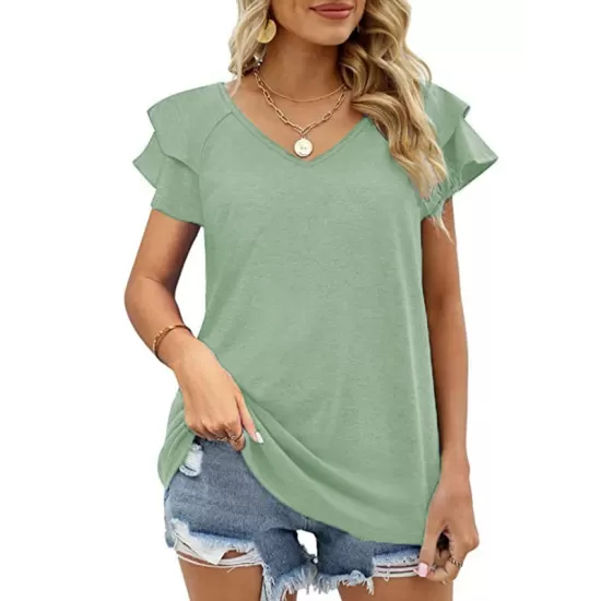 Falbala Solid Color Split-Joint Loose Short Sleeves V-Neck T-Shirts