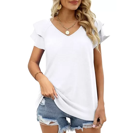 Falbala Solid Color Split-Joint Loose Short Sleeves V-Neck T-Shirts