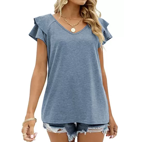 Falbala Solid Color Split-Joint Loose Short Sleeves V-Neck T-Shirts