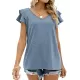 Falbala Solid Color Split-Joint Loose Short Sleeves V-Neck T-Shirts