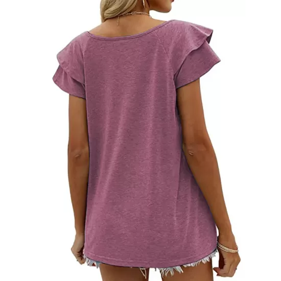 Falbala Solid Color Split-Joint Loose Short Sleeves V-Neck T-Shirts