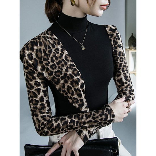 Leopard Split-Joint Long Sleeves Skinny High-Neck T-Shirts Tops