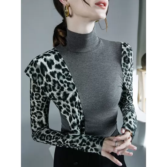 Leopard Split-Joint Long Sleeves Skinny High-Neck T-Shirts Tops