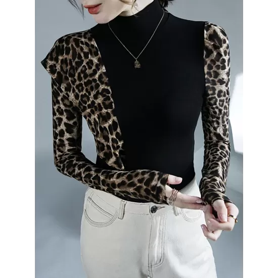 Leopard Split-Joint Long Sleeves Skinny High-Neck T-Shirts Tops