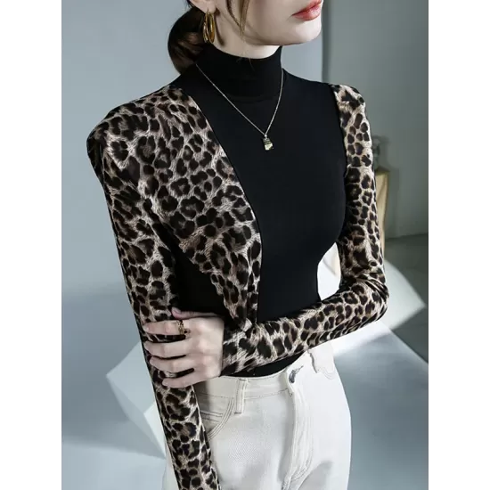 Leopard Split-Joint Long Sleeves Skinny High-Neck T-Shirts Tops