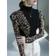 Leopard Split-Joint Long Sleeves Skinny High-Neck T-Shirts Tops