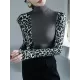 Leopard Split-Joint Long Sleeves Skinny High-Neck T-Shirts Tops