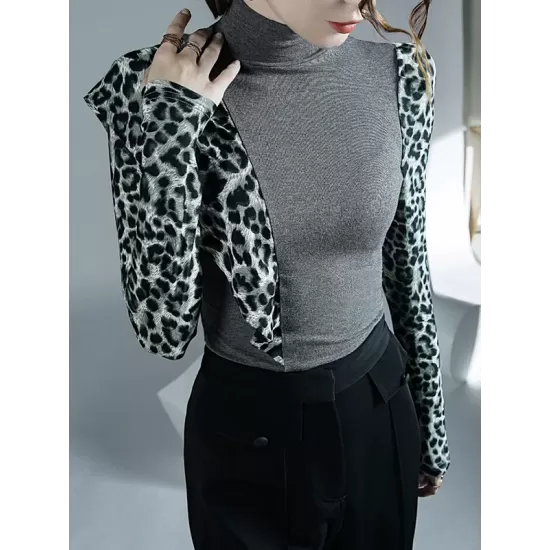 Leopard Split-Joint Long Sleeves Skinny High-Neck T-Shirts Tops