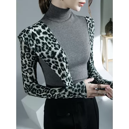 Leopard Split-Joint Long Sleeves Skinny High-Neck T-Shirts Tops