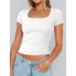 Solid Color Short Sleeves Skinny Square-neck T-Shirts Tops