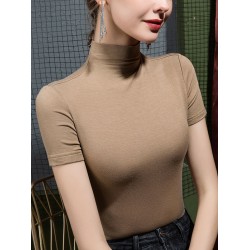 Solid Color Short Sleeves Skinny High-Neck T-Shirts Tops