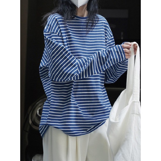 Striped Long Sleeves Round-neck T-Shirts Tops