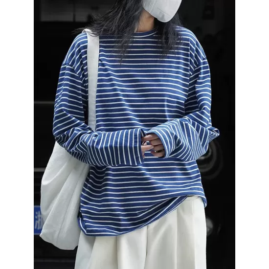 Striped Long Sleeves Round-neck T-Shirts Tops