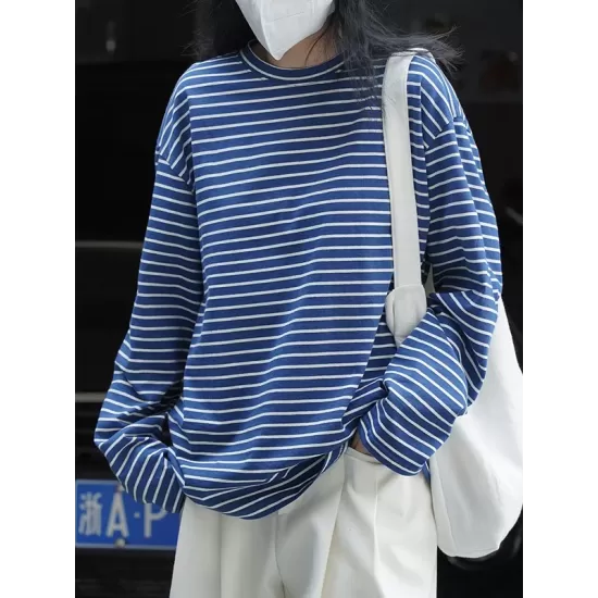 Striped Long Sleeves Round-neck T-Shirts Tops