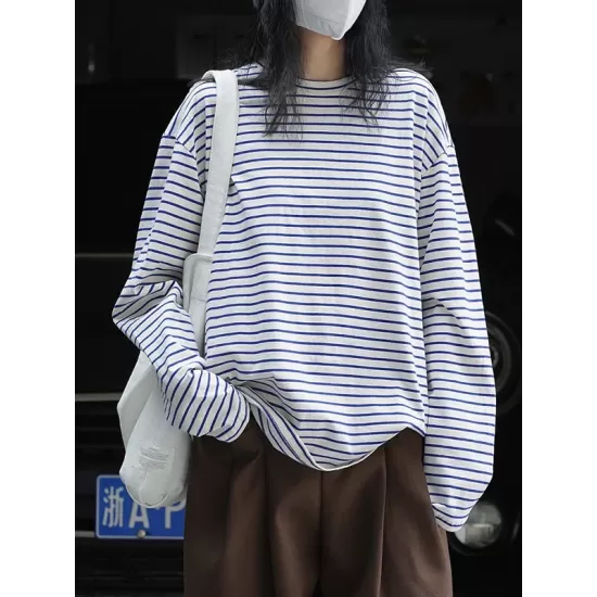 Striped Long Sleeves Round-neck T-Shirts Tops