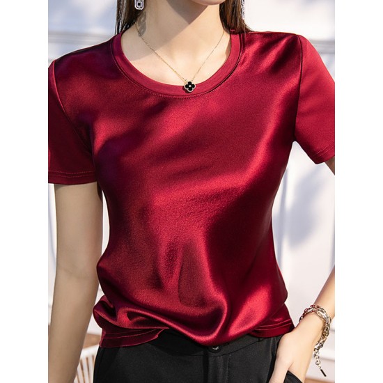 Solid Color Short Sleeves Round-neck T-Shirts Tops