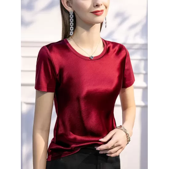 Solid Color Short Sleeves Round-neck T-Shirts Tops