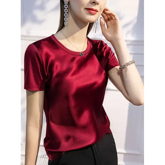 Solid Color Short Sleeves Round-neck T-Shirts Tops