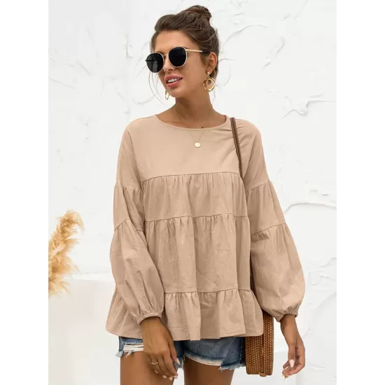 Casual Long Sleeves Puff Sleeves Solid Color Round-Neck T-Shirts Tops