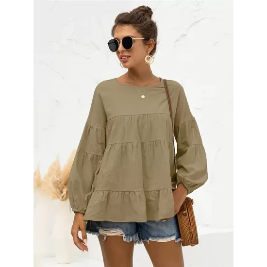 Casual Long Sleeves Puff Sleeves Solid Color Round-Neck T-Shirts Tops