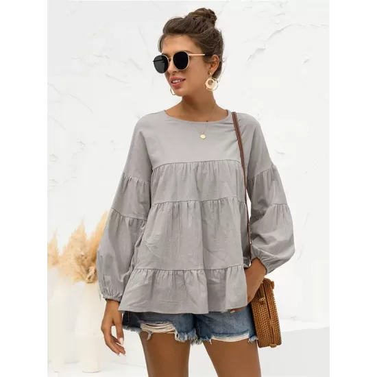 Casual Long Sleeves Puff Sleeves Solid Color Round-Neck T-Shirts Tops