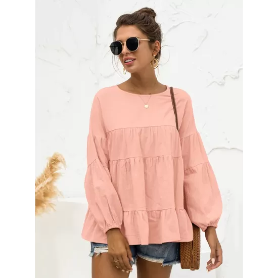 Casual Long Sleeves Puff Sleeves Solid Color Round-Neck T-Shirts Tops