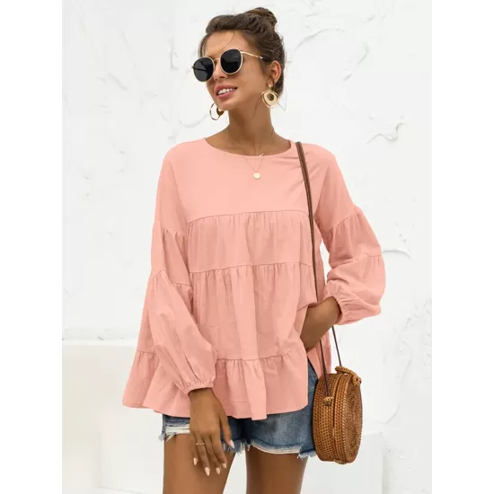 Casual Long Sleeves Puff Sleeves Solid Color Round-Neck T-Shirts Tops