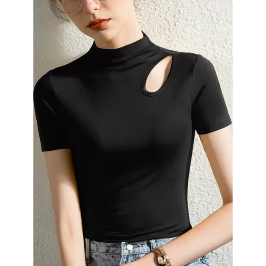 Hollow Solid Color Skinny Half Turtleneck T-Shirts Tops