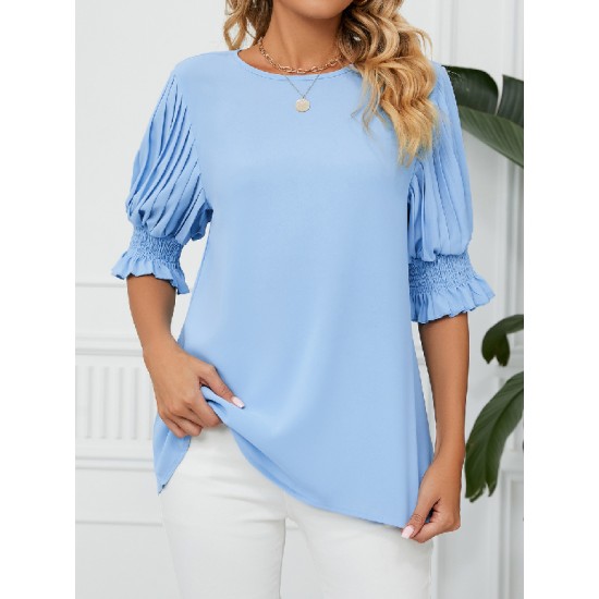 Pleated Solid Color Loose Puff Sleeves Round-Neck T-Shirts Tops