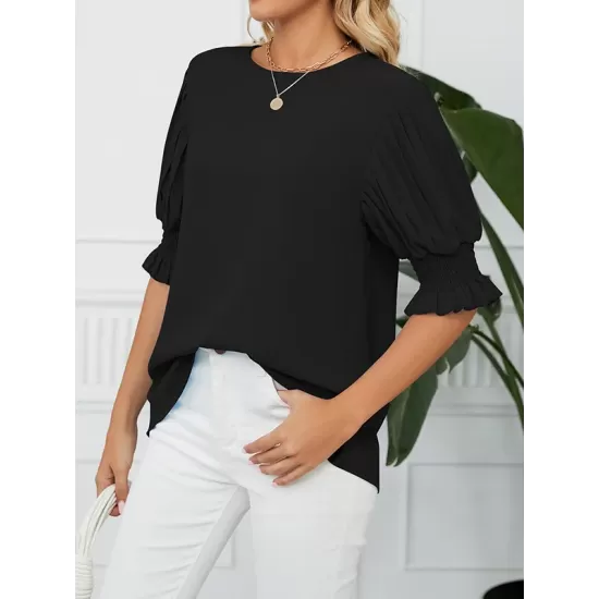 Pleated Solid Color Loose Puff Sleeves Round-Neck T-Shirts Tops