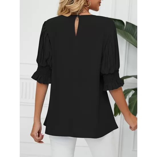 Pleated Solid Color Loose Puff Sleeves Round-Neck T-Shirts Tops