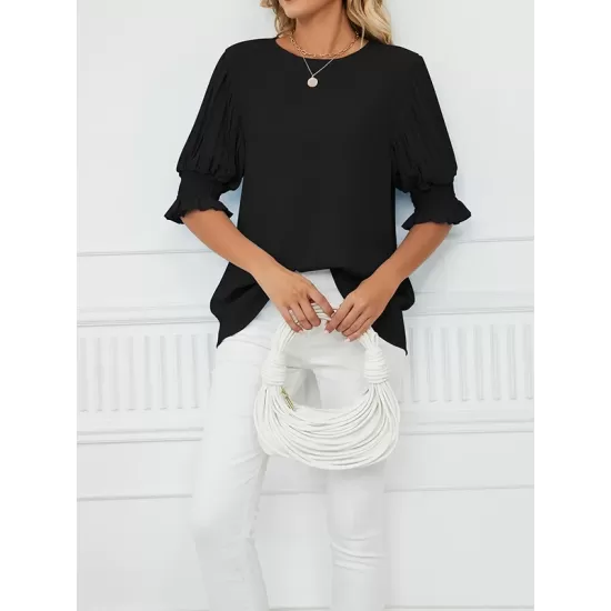 Pleated Solid Color Loose Puff Sleeves Round-Neck T-Shirts Tops