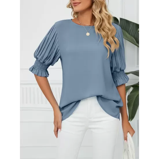 Pleated Solid Color Loose Puff Sleeves Round-Neck T-Shirts Tops