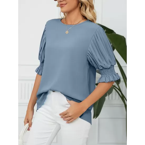 Pleated Solid Color Loose Puff Sleeves Round-Neck T-Shirts Tops