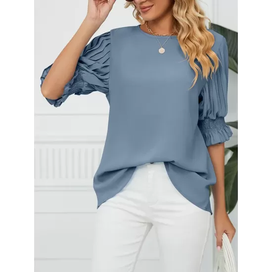 Pleated Solid Color Loose Puff Sleeves Round-Neck T-Shirts Tops