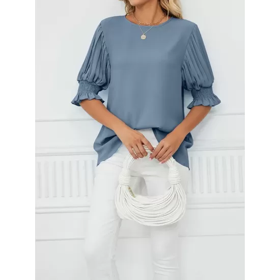 Pleated Solid Color Loose Puff Sleeves Round-Neck T-Shirts Tops