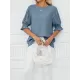 Pleated Solid Color Loose Puff Sleeves Round-Neck T-Shirts Tops