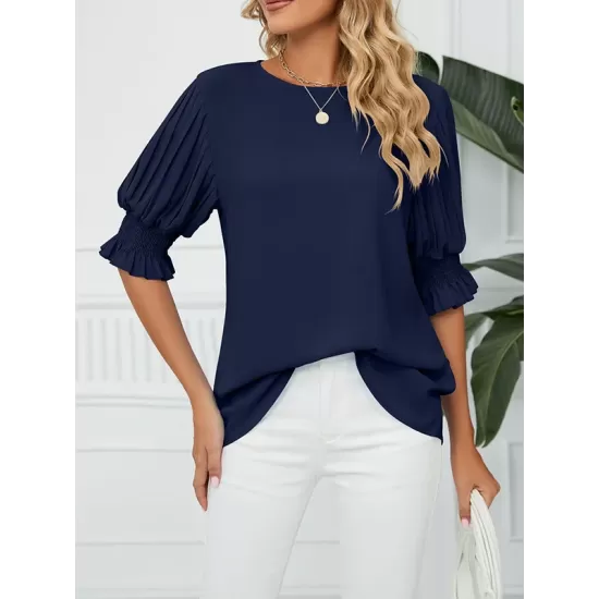 Pleated Solid Color Loose Puff Sleeves Round-Neck T-Shirts Tops