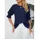 Pleated Solid Color Loose Puff Sleeves Round-Neck T-Shirts Tops