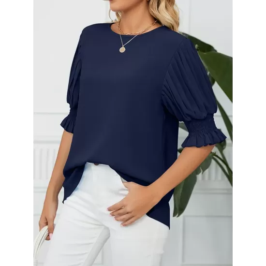 Pleated Solid Color Loose Puff Sleeves Round-Neck T-Shirts Tops