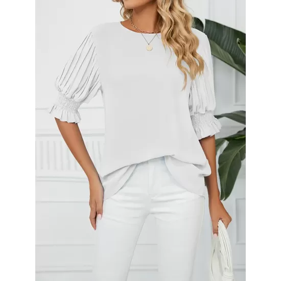 Pleated Solid Color Loose Puff Sleeves Round-Neck T-Shirts Tops